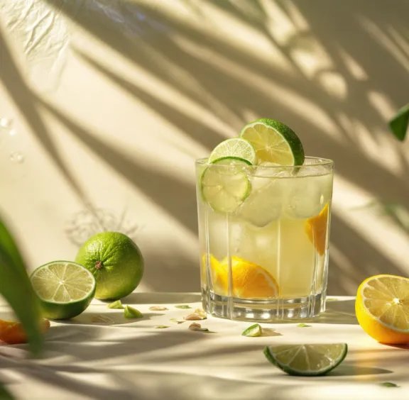 Crafted mocktail in glass with citrus and herbs